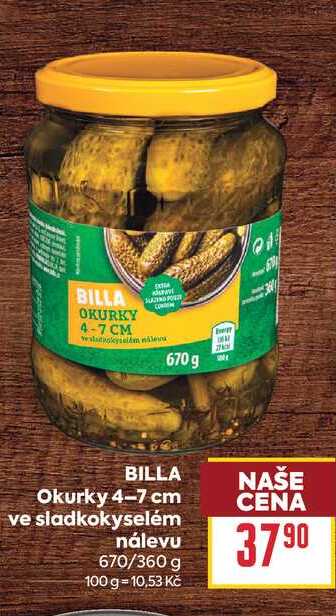 BILLA Okurky 4-7 cm ve sladkokyselém nálevu 670/360 g