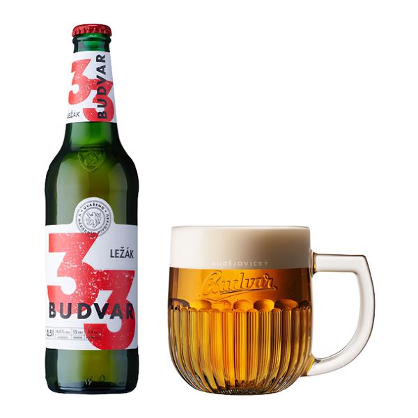 Budějovický Budvar 33 světlý ležák, sklo v akci
