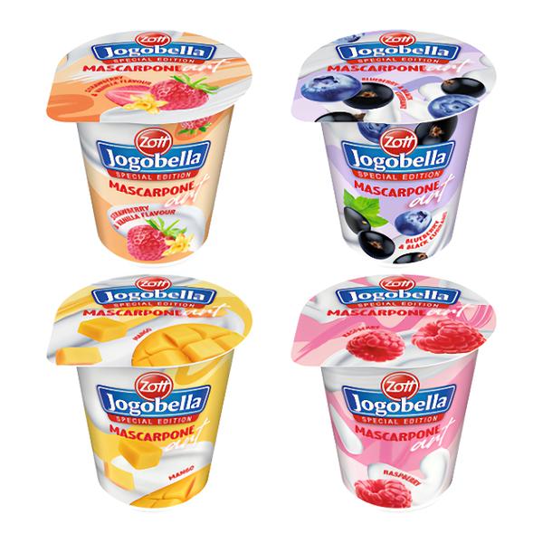 Zott Jogobella mascarpone mix příchutí (jahoda-vanilka, borůvka-černý rybíz, mango, malina)