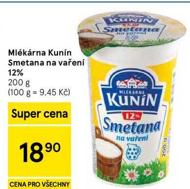 Mlékárna Kunín Smetana na vaření 12%, 200 g  