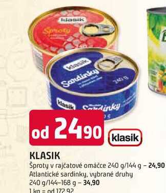 KLASIK Šproty v rajčatové omáčce 240 g/144 g