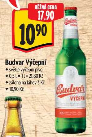 Budvar Výčepní • světlé výčepní pivo ⚫0,51 11 21,80 Kč • záloha na láhev 3 Kč Caden ▼ 10,90 Kč Budvar VÝČEP  