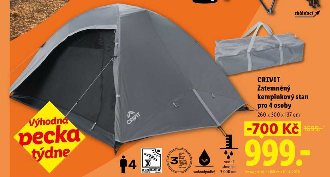 CRIVIT Zatemněný kempinkový stan pro 4 osoby, 260 x 300 x 137 cm