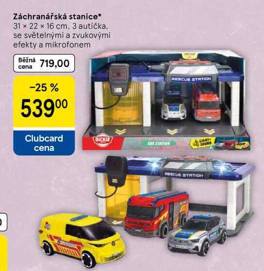 Záchranářská stanice, 31 x 22 x 16 cm. 3 autíčka. se světelnými a zvukovými efekty a mikrofonem 