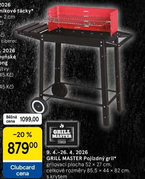 GRILL MASTER Pojízdný gril, grilovací plocha 52 x 27 cm. celkové rozměry 85.5 x 44 x 82 cm. s krytem 