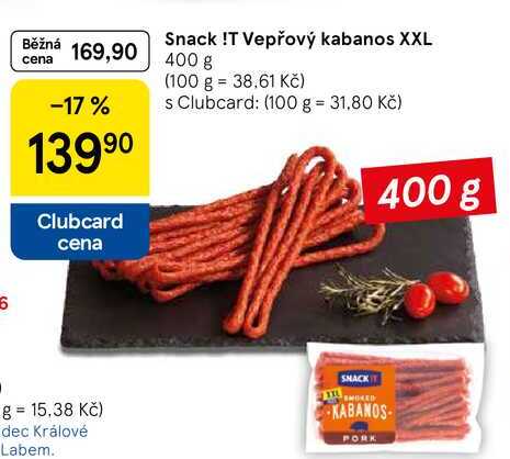 Snack !T Vepřový kabanos XXL, 400 g  