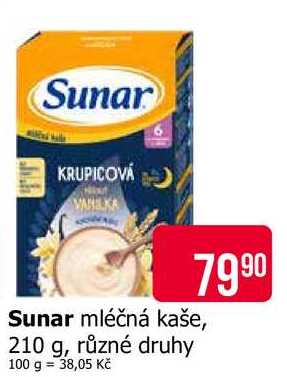 Sunar mléčná kaše, 210 g, různé druhy 