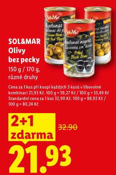 SOL&MAR Olivy bez pecky, 150 g/170 g