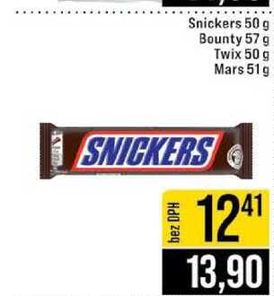 Snickers 50 g Bounty 57 g Twix 50 g Mars 51 g 