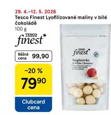 Tesco Finest Lyofilizované maliny v bílé čokoládě, 100 g