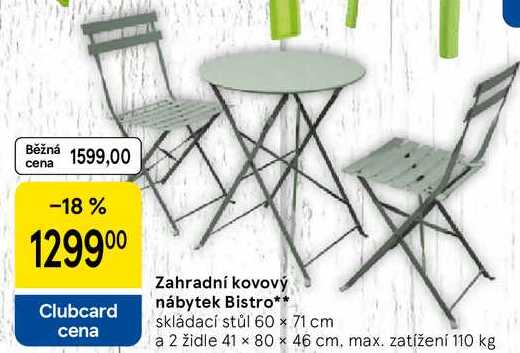 Zahradní kovový nábytek Bistro, skládací stůl 60 × 71 cm a 2 židle 41 x 80 × 46 cm, max. zatížení 110 kg 
