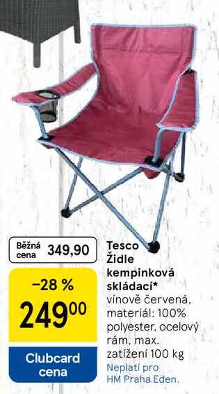 Tesco Židle kempinková skládací, vínově červená. materiál: 100% polyester, ocelový rám, max. zatížení 100 kg 