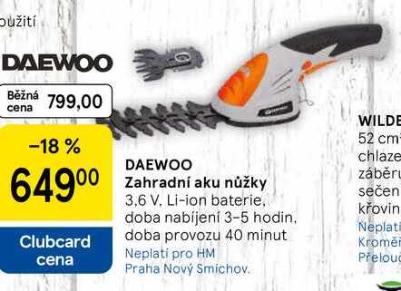 DAEWOO Zahradní aku nůžky, 3,6 V. Li-ion baterie, křovin doba nabíjení 3-5 hodin. doba provozu 40 minut