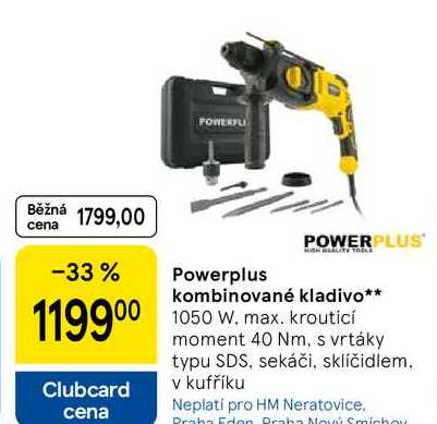 Powerplus kombinované kladivo, 1050 W. max. kroutící moment 40 Nm, s vrtáky typu SDS, sekáči, sklíčidlem. v kufříku 