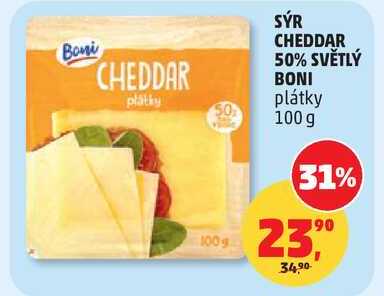 SÝR CHEDDAR 50% SVĚTLÝ BONI plátky, 100 g 