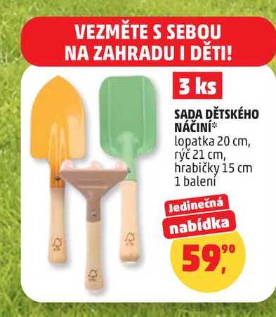 SADA DĚTSKÉHO NÁČINÍ lopatka 20 cm, rýč 21 cm, hrabičky 15 cm, 1 balení 