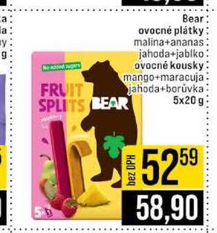 Bear ovocné plátky malina+ananas jahoda+jablko ovocné kousky mango+maracuja jahoda+borůvka 5x20 g 