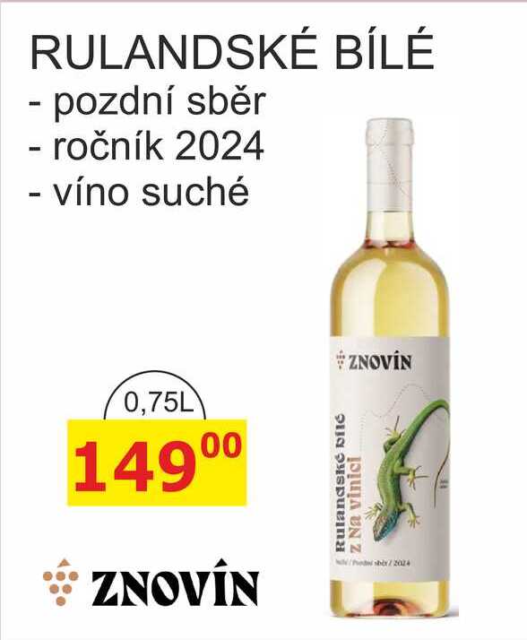 ZNOVÍN ZNOJMO RULANDSKÉ BÍLÉ ročník 2024 - víno suché 0,75L 