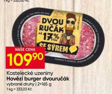 Kostelecké uzeniny Hovězí burger dvouručák vybrané druhy 2×165 g