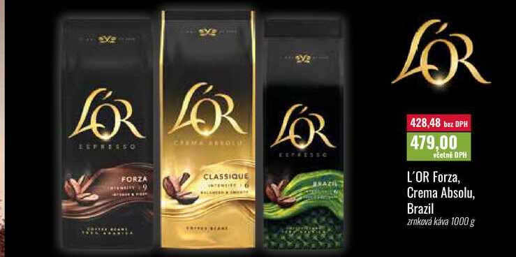 L'OR Forza, Crema Absolu, BEANE Brazil zrnková káva 1000 g 