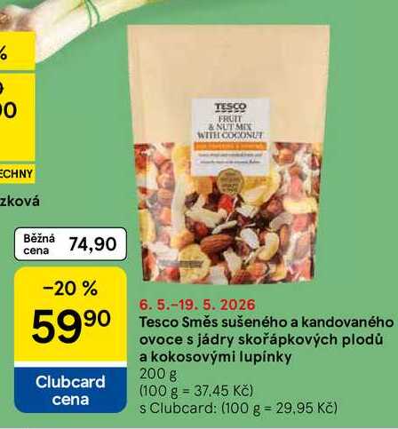 Tesco Směs sušeného a kandovaného ovoce s jádry skořápkových plodů a kokosovými lupínky, 200 g 