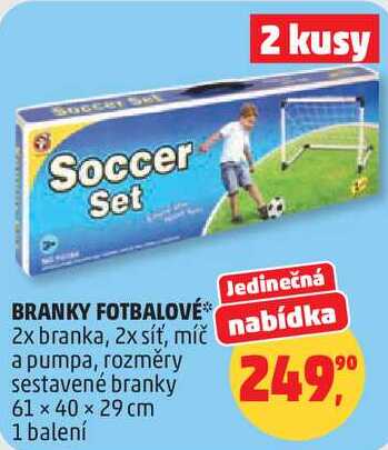 BRANKY FOTBALOVÉ 2x branka, 2x síť, míč nabídka a pumpa, rozměry sestavené branky 61 x 40 x 29 cm, 1 balení 