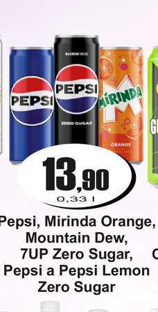 Pepsi, Mirinda Orange, Mountain Dew, G 7UP Zero Sugar, C Pepsi a Pepsi Lemon Zero Sugar 0,33 L