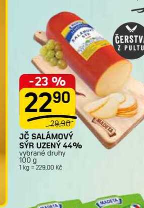 JČ SALÁMOVÝ SÝR UZENÝ 44% vybrané druhy 100 g 