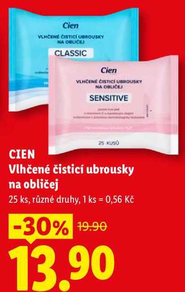 CIEN Vlhčené čisticí ubrousky na obličej, 25 ks