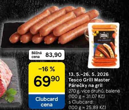 Tesco Grill Master Párečky na gril, 270 g, více druhů 