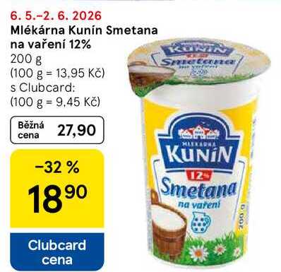 Mlékárna Kunín Smetana na vaření 12%, 200 g 
