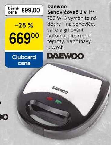 Daewoo Sendvičovač 3 v 1, 750 W, 3 vyměnitelné desky na sendviče. vafle a grilování. automatické řízení teploty, nepřilnavý povrch