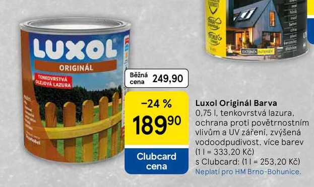 Luxol Originál Barva, 0.75 I, tenkovrstvá lazura. ochrana proti povětrnostním vlivům a UV záření, zvýšená vodoodpudivost