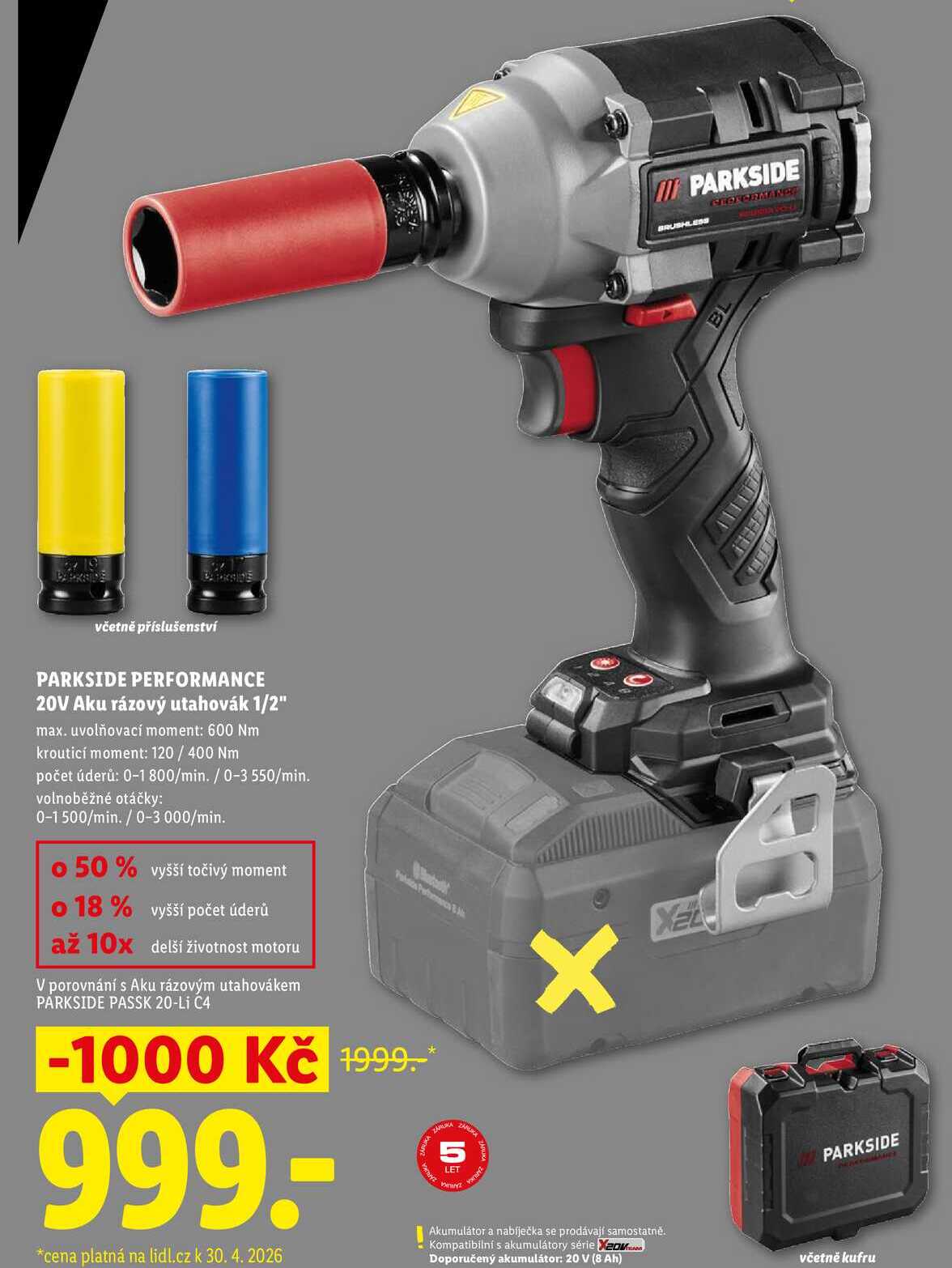 PARKSIDE PERFORMANCE 20V Aku rázový utahovák 1/2" 