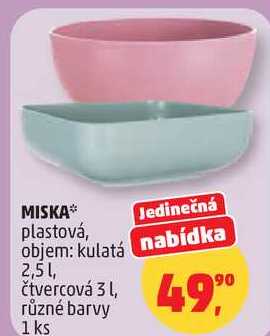 MISKA plastová, objem: kulatá nabídka 2,51, čtvercová 3 l, různé barvy, 1 ks 