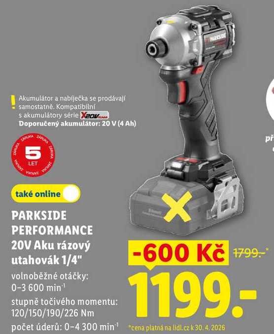 PARKSIDE PERFORMANCE 20V Aku rázový utahovák 1/4" 