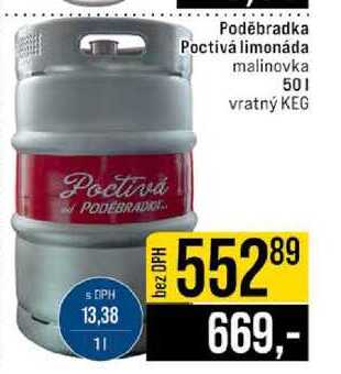 Poděbradka Poctivá limonáda malinovka 50l
