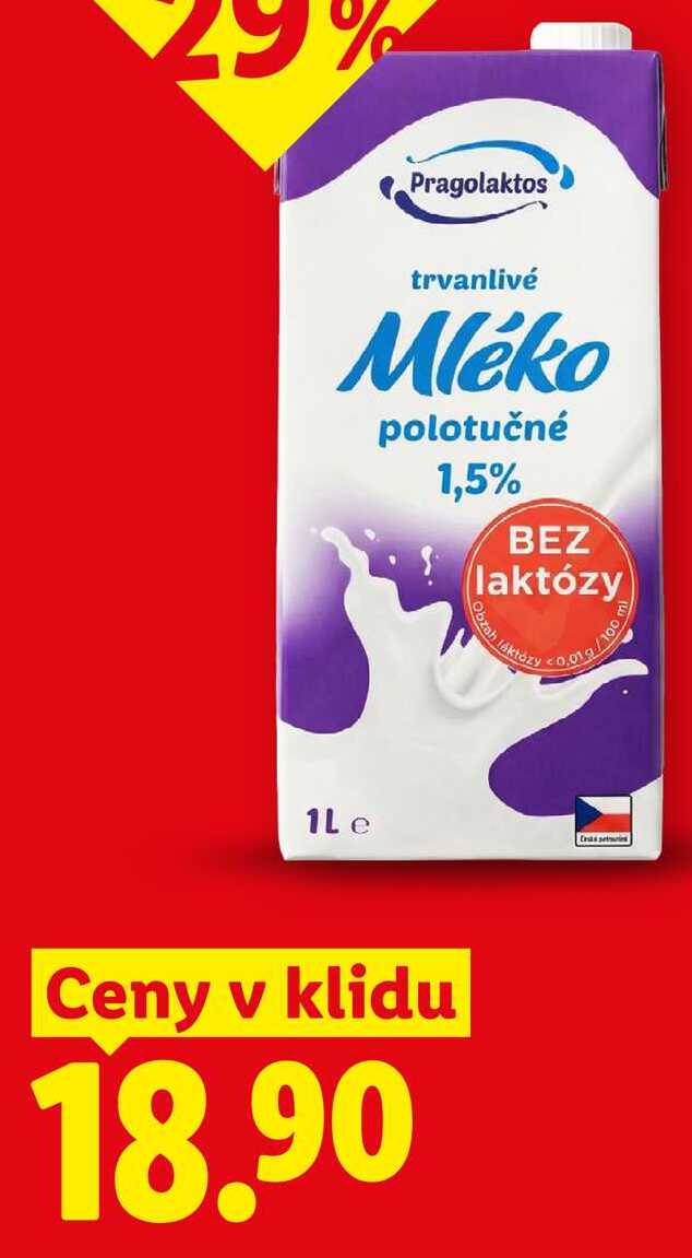 Pragolaktos Mléko polotučné bez laktózy, 1 l