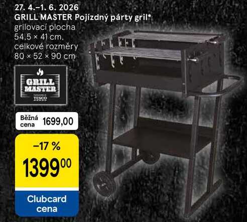 GRILL MASTER Pojízdný párty gril, grilovací plocha 54,5 x 41 cm. celkové rozměry 80 x 52 x 90 cm  