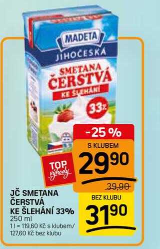 JČ SMETANA ČERSTVÁ KE ŠLEHÁNÍ 33% 250 ml 