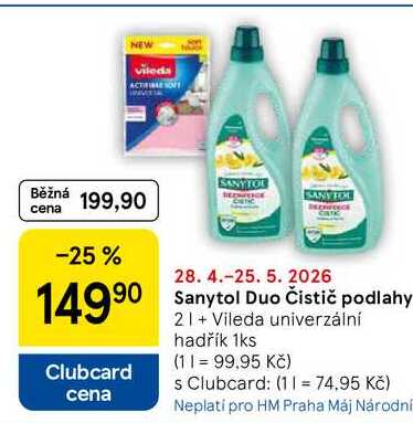 Sanytol Duo Čistič podlahy Clubcard cena 2 l + Vileda univerzální hadřík, 1 ks