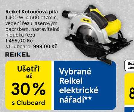 Reikel Kotoučová pila 1 400 W, 4 500 ot/min, vedení řezu laserovým paprskem, nastavitelná hloubka řezu