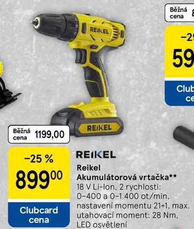 Reikel Akumulátorová vrtačka, 18 V Li-Ion, 2 rychlosti: 0-400 a 0-1 400 ot/min. nastavení momentu 21+1, max. utahovací moment: 28 Nm. LED osvětlení
