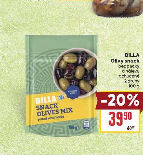 BILLA Olivy snack bez pecky a nálevu ochucené 2 druhy 100 g