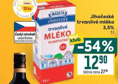 Jihočeské trvanlivé mléko trvanlivé 3,5% 1l