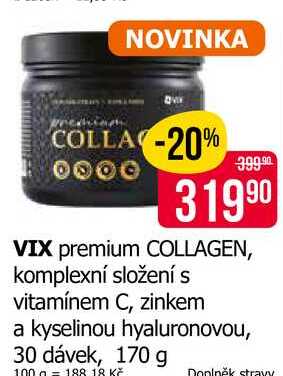 VIX premium COLLAGEN, komplexní složení s vitamínem C, zinkem a kyselinou hyaluronovou, 30 dávek, 170 g