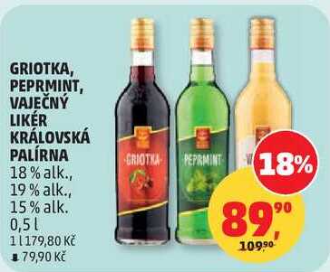 GRIOTKA, PEPRMINT, VAJEČNÝ LIKÉR KRÁLOVSKÁ PALÍRNA 0,51