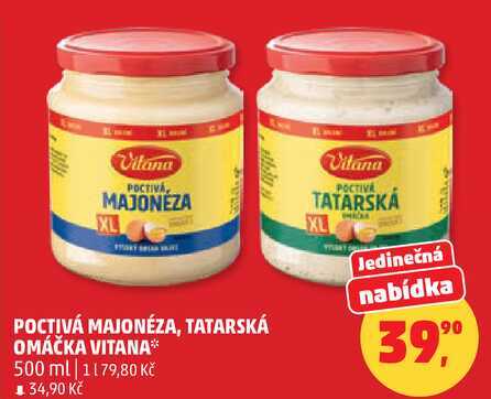 POCTIVÁ MAJONÉZA, TATARSKÁ OMÁČKA VITANA, 500 ml