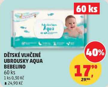 DĚTSKÉ VLHČENÉ UBROUSKY AQUA BEBELINO, 60 ks