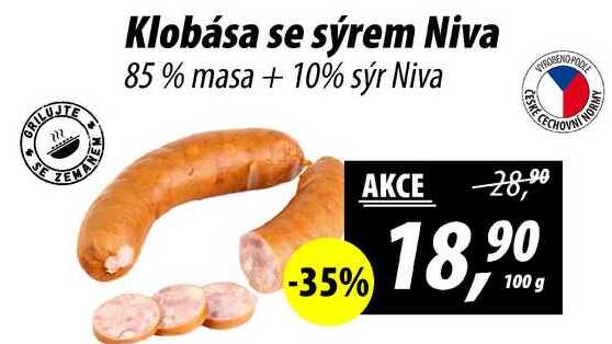 Klobása se sýrem Niva 85% masa + 10% sýr, 100 g